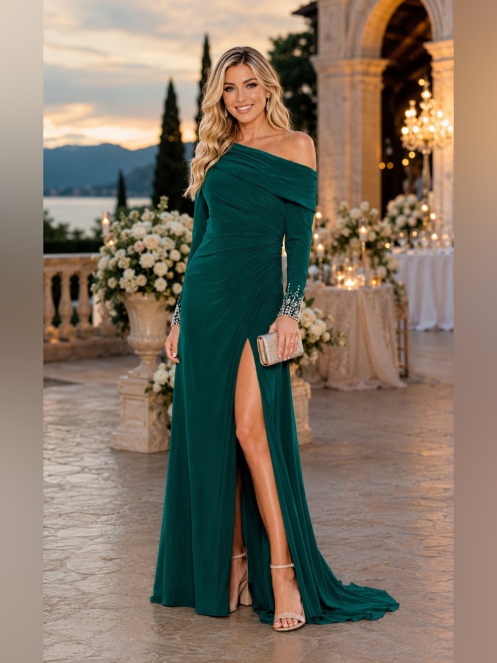 Mac Duggal BEADED CUFF DROP SHOULDER FAUX WRAP Jersey GOWN NWT SIZE6